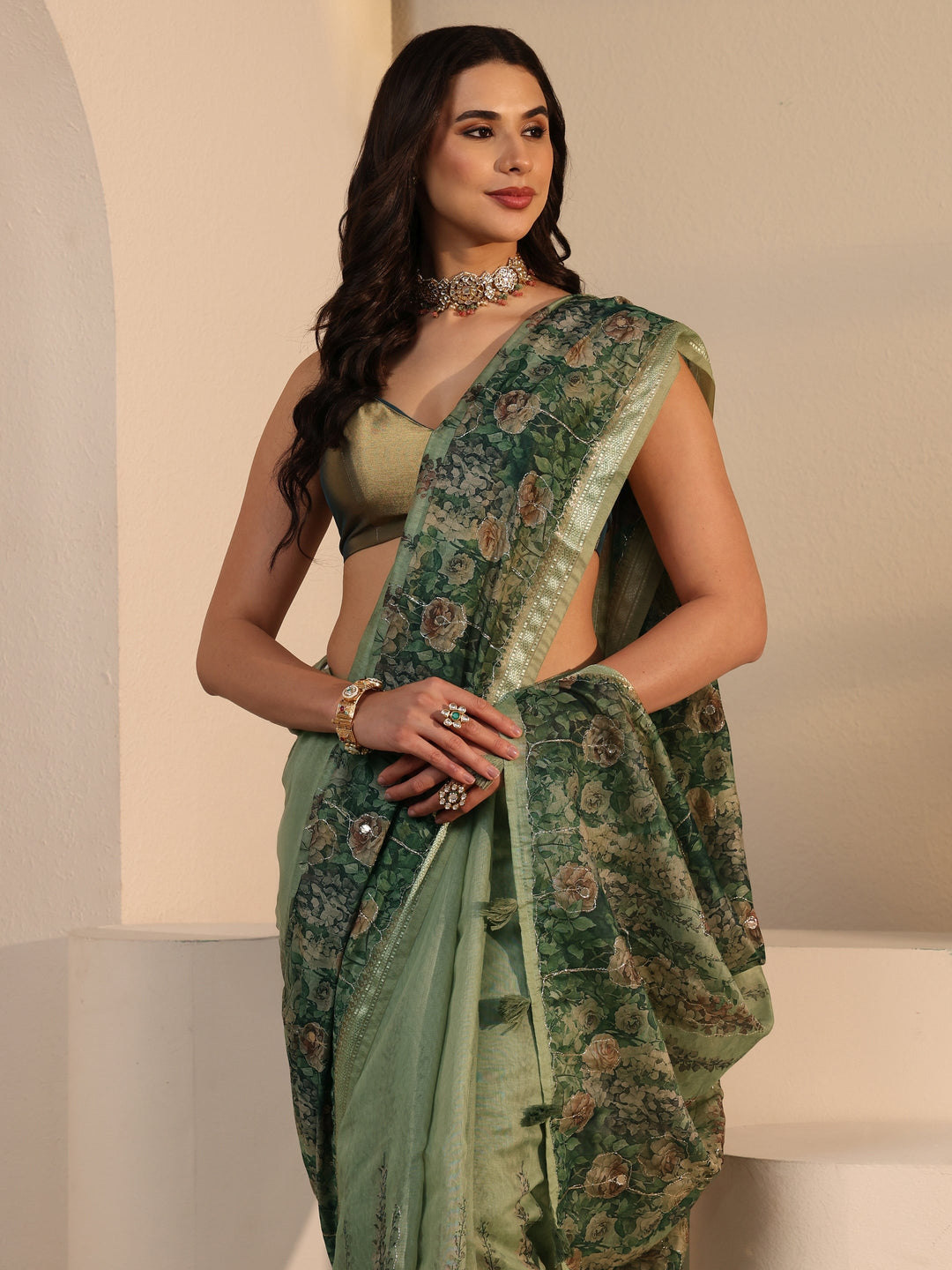 Libas Green Floral Printed Cotton Blend Tassel Saree