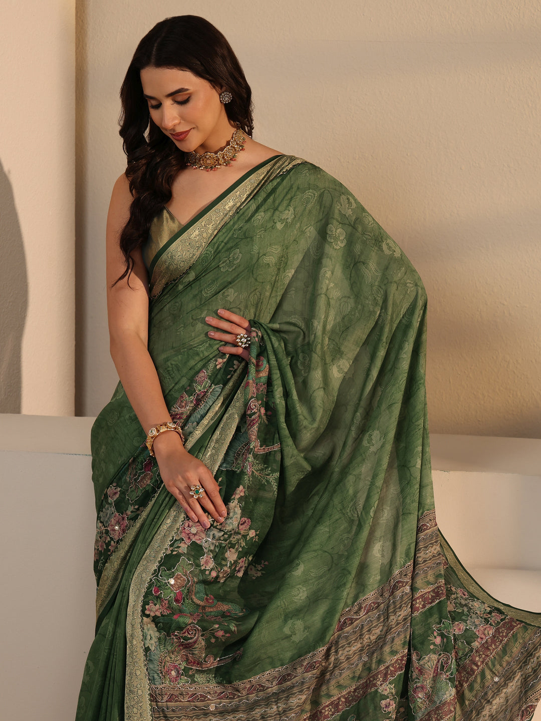 Libas Green Floral Printed Crepe Tassel Saree