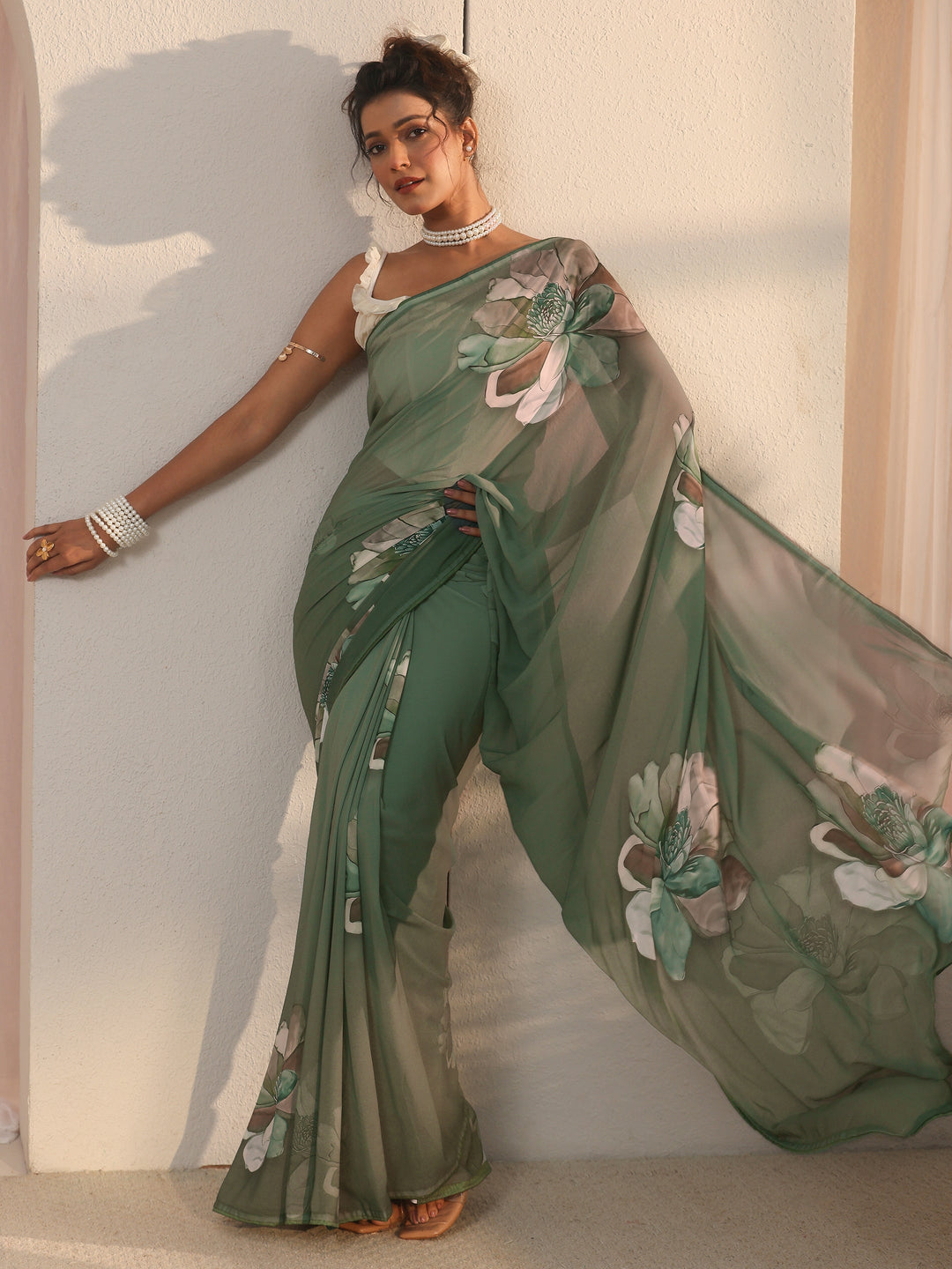 Libas Green Floral Printed Georgette Saree