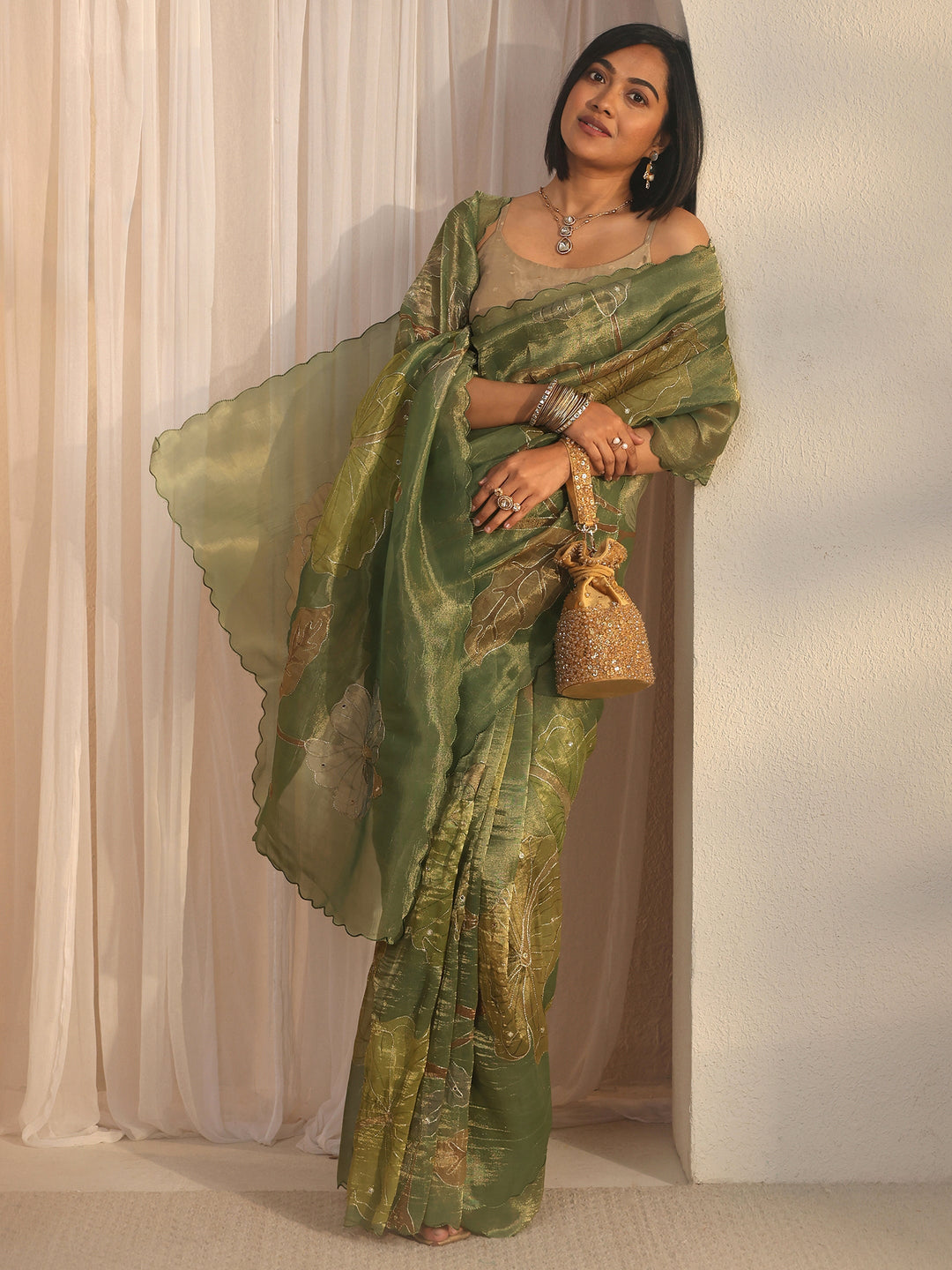 Libas Green Floral Printed Mirror Work Silk Blend Saree with Scalloped Border