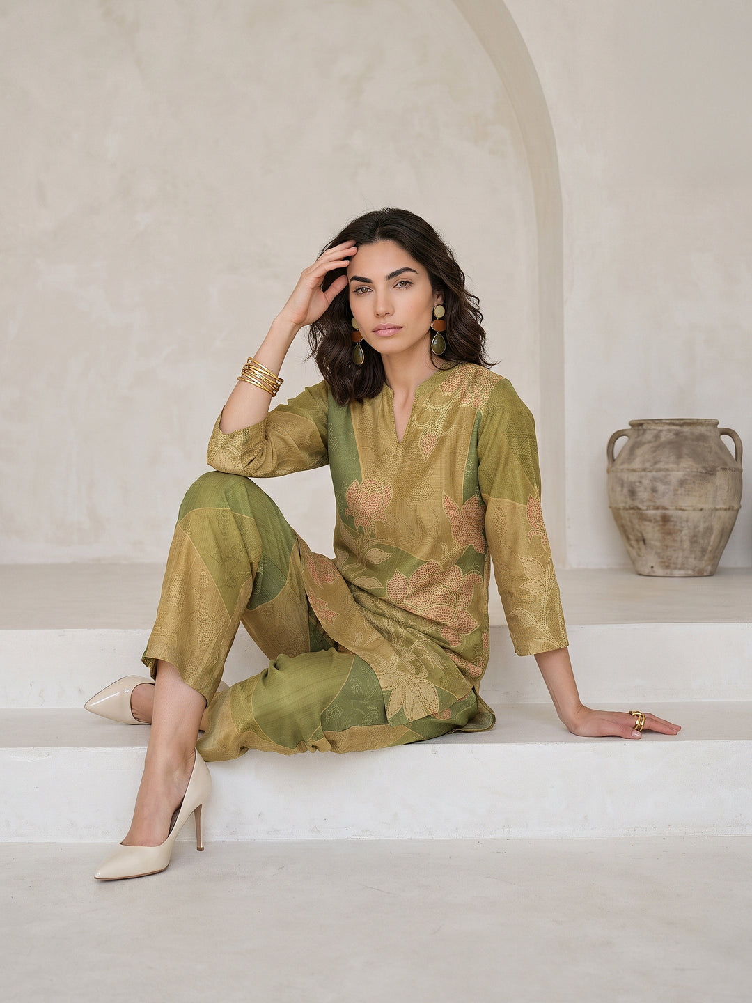 Libas Green Floral Printed Muslin Straight Kurta Set