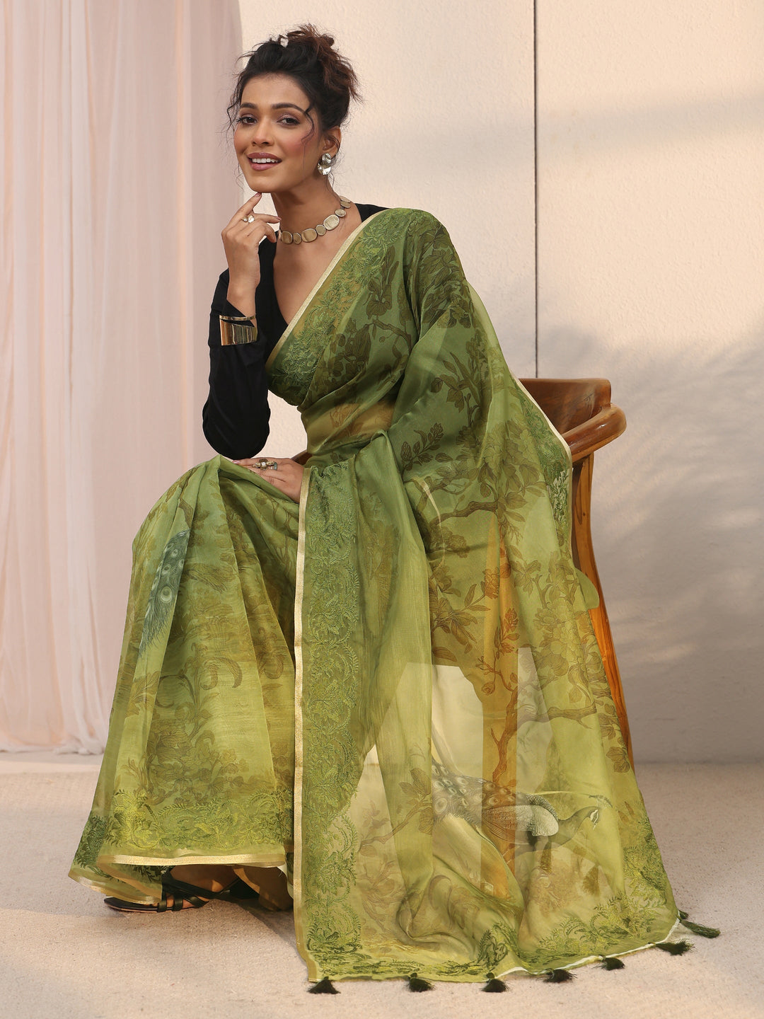 Libas Green Floral Printed Organza Tassel Saree