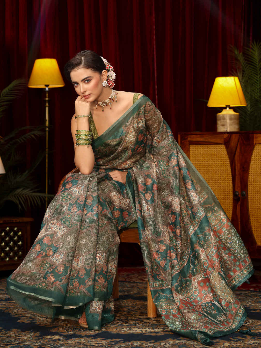 Libas Green Floral Printed Silk Blend Saree