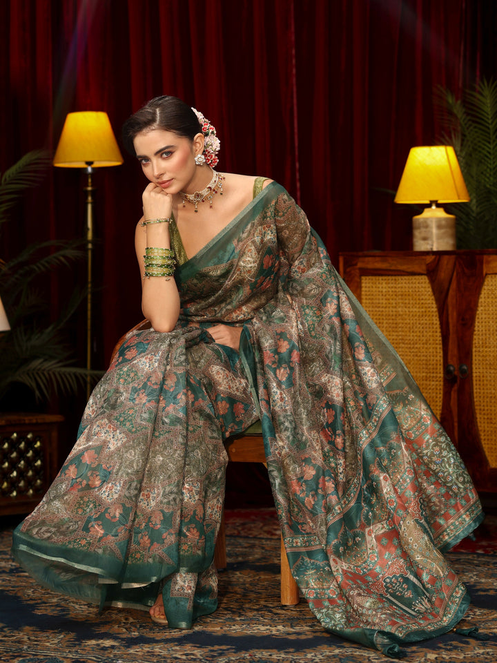 Libas Green Floral Printed Silk Blend Saree