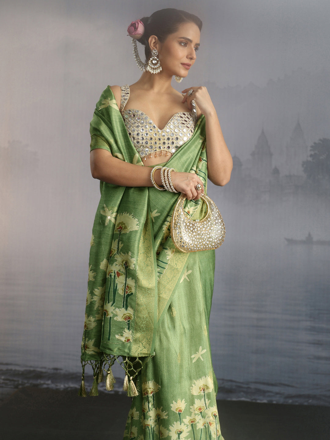 Libas Green Floral Printed Silk Blend Saree