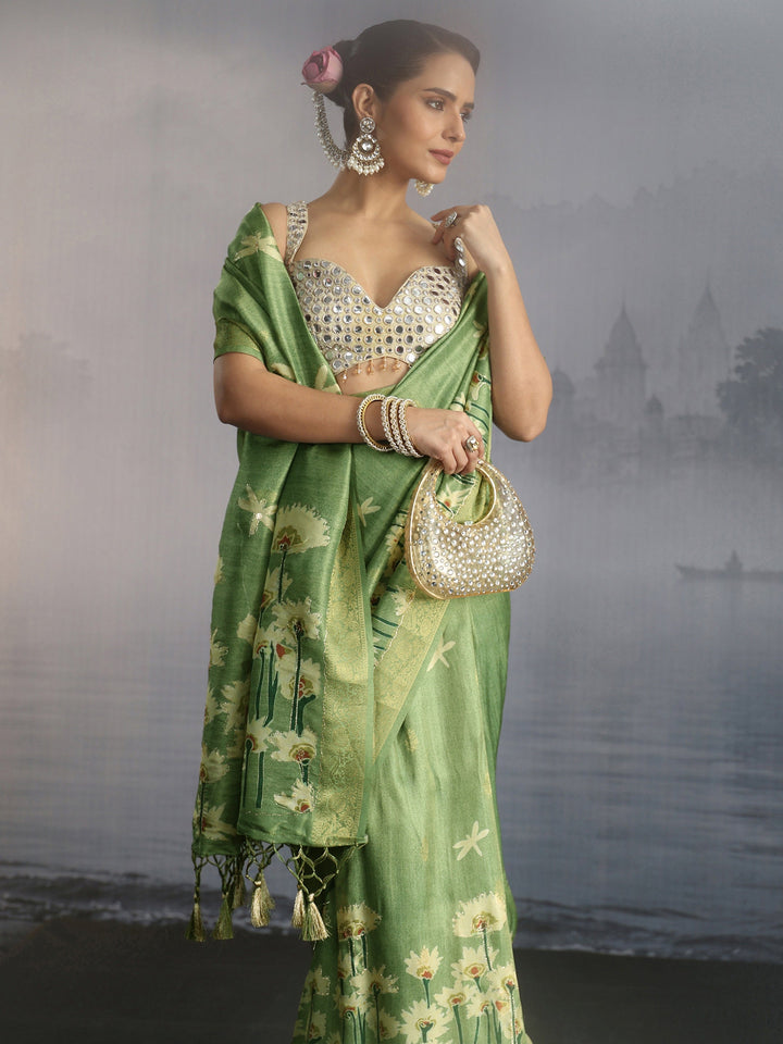 Libas Green Floral Printed Silk Blend Saree