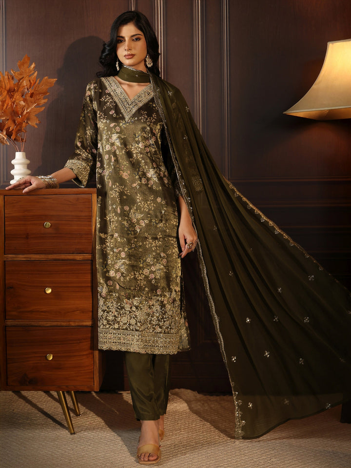 Libas Green Floral Printed Silk Blend Straight Suit Set