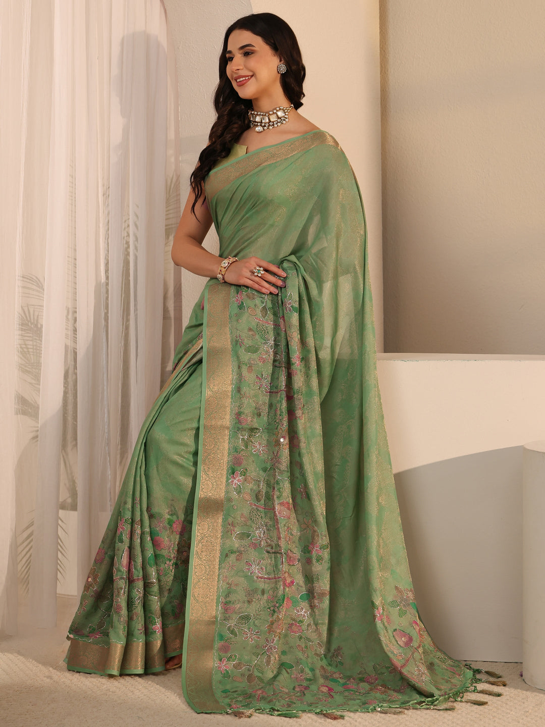 Libas Green Floral Printed Silk Blend Tassel Saree