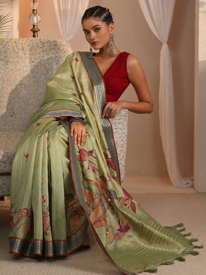 Libas Green Floral Printed Silk Blend Tassel Saree with Woven Border