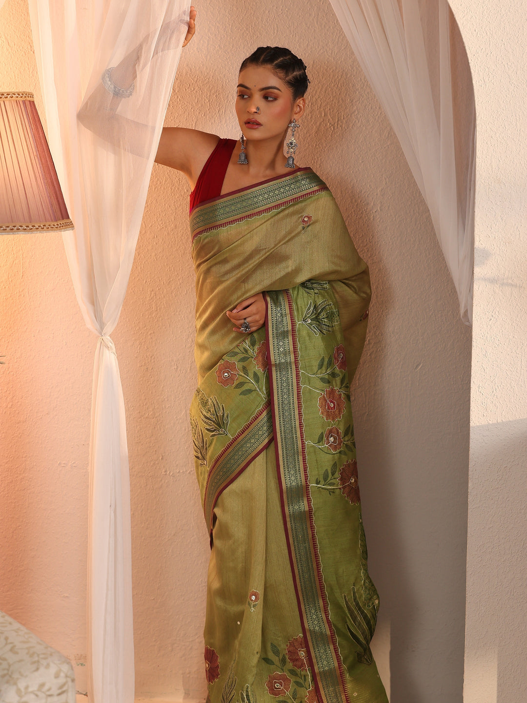 Libas Green Floral Printed Silk Blend Tassel Saree with Woven Border