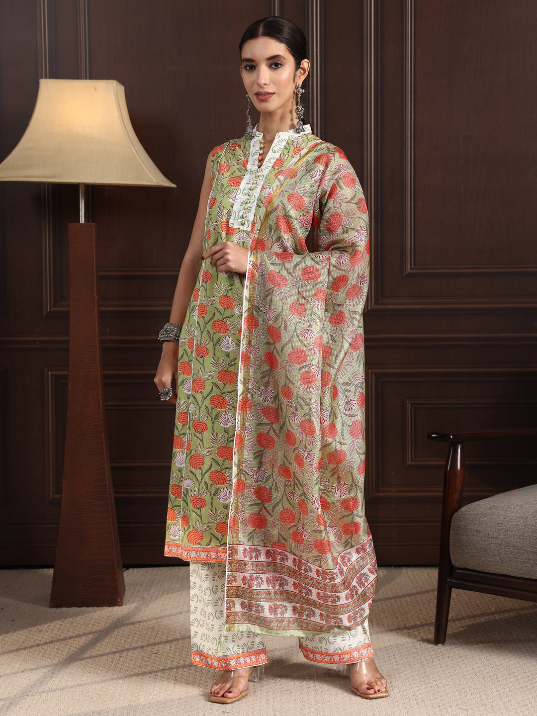 Libas Green Floral Printed Sleeveless Cotton Palazzo Suit Set