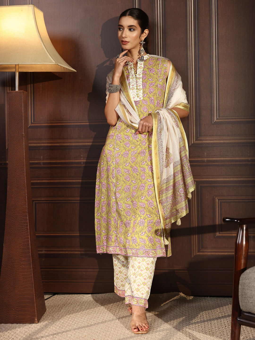 Libas Green Floral Printed Sleeveless Cotton Palazzo Suit Set