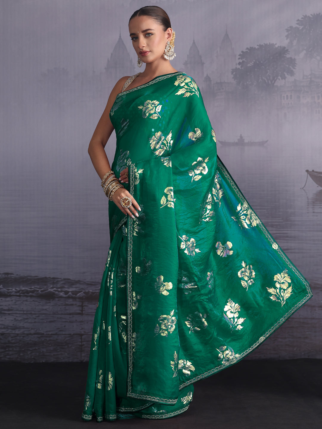 Libas Green Floral Printed Tissue Saree with Embellished Border
