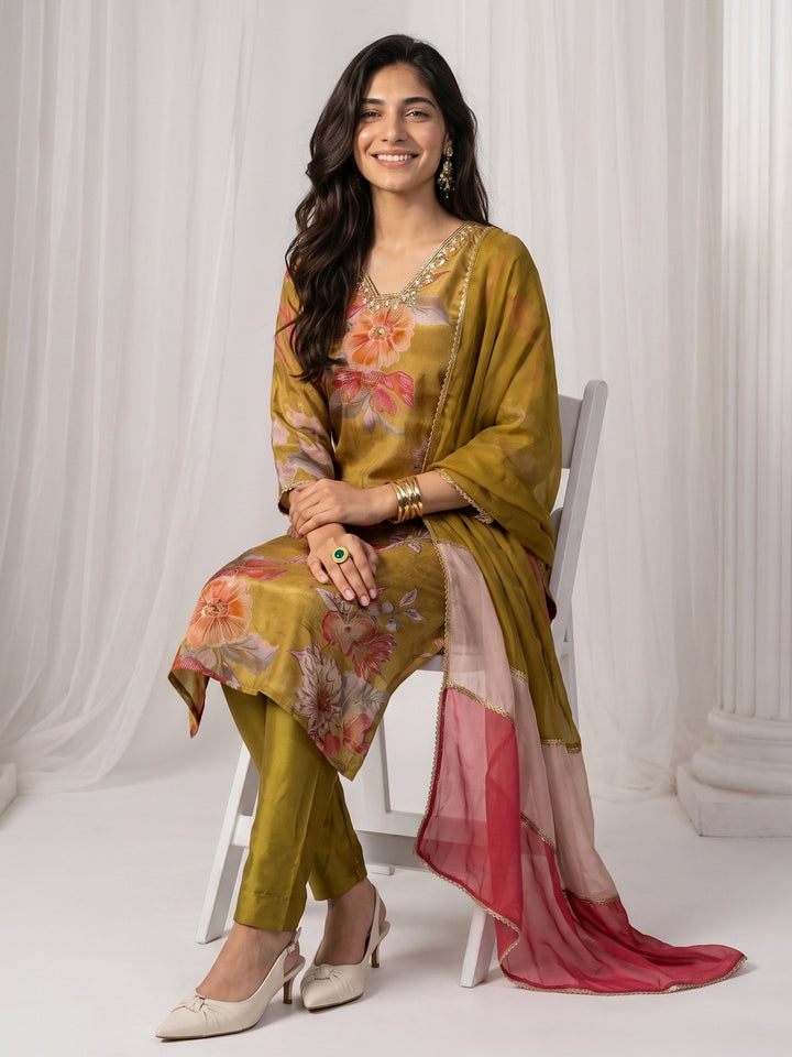 Libas Green Floral Printed Tissue Straight Suit Set