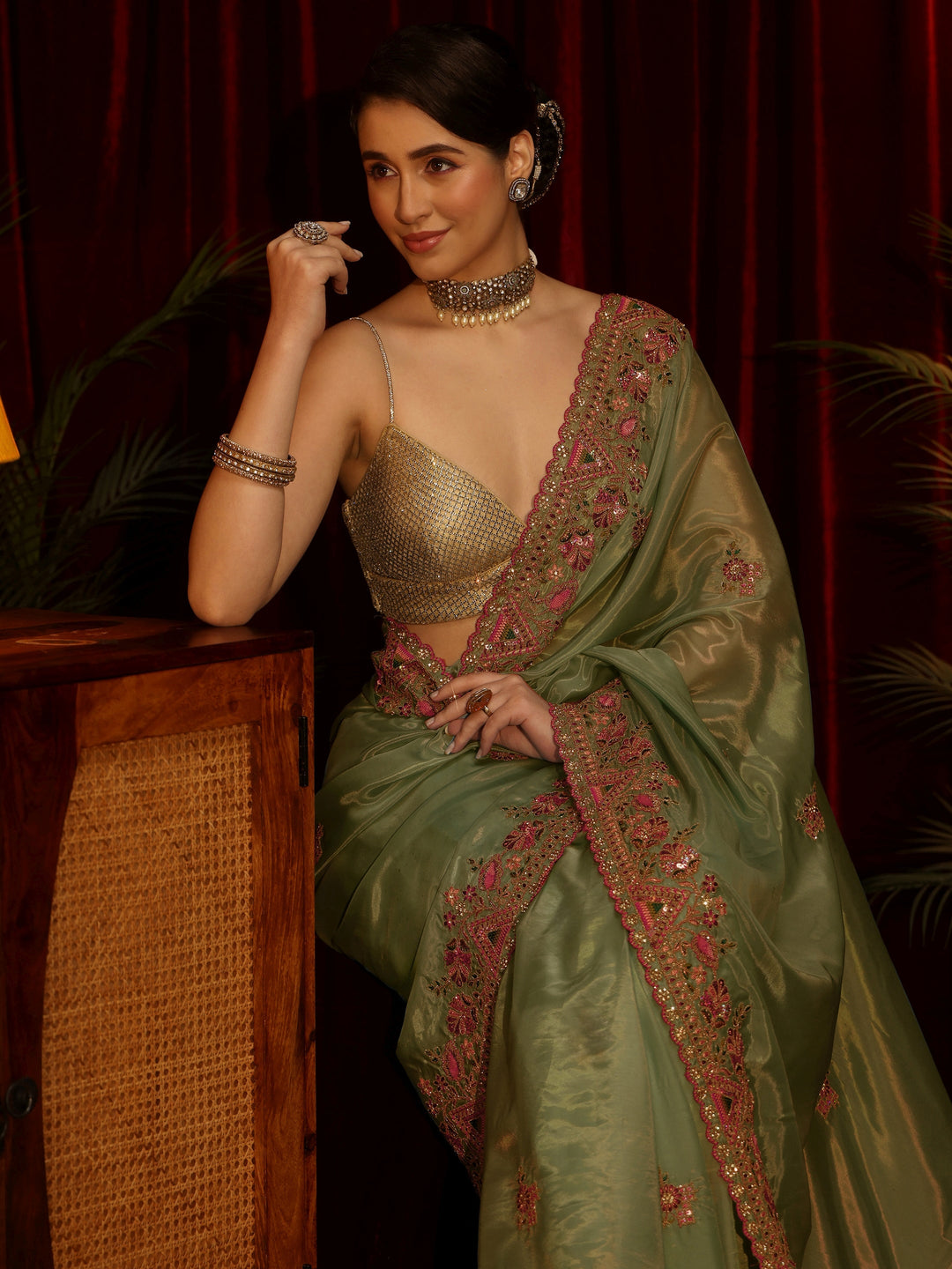 Libas Green Floral Satin Saree with Embroidered Border