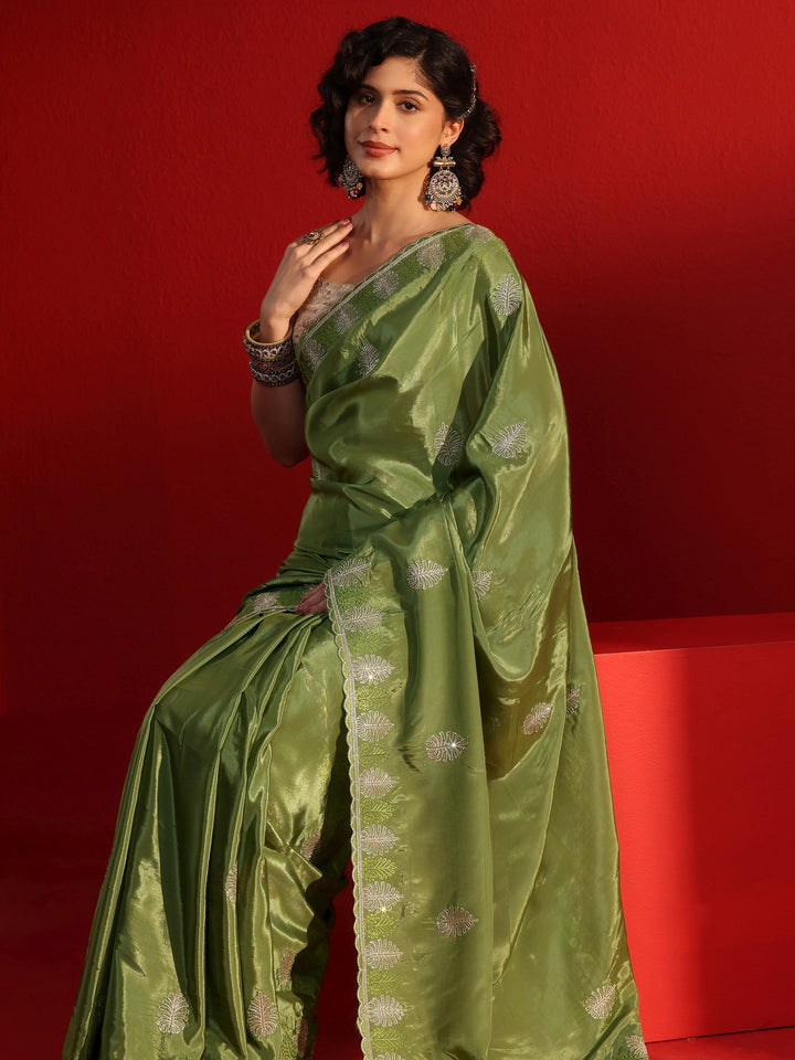 Libas Green Floral Stone Work Embellished Satin Saree
