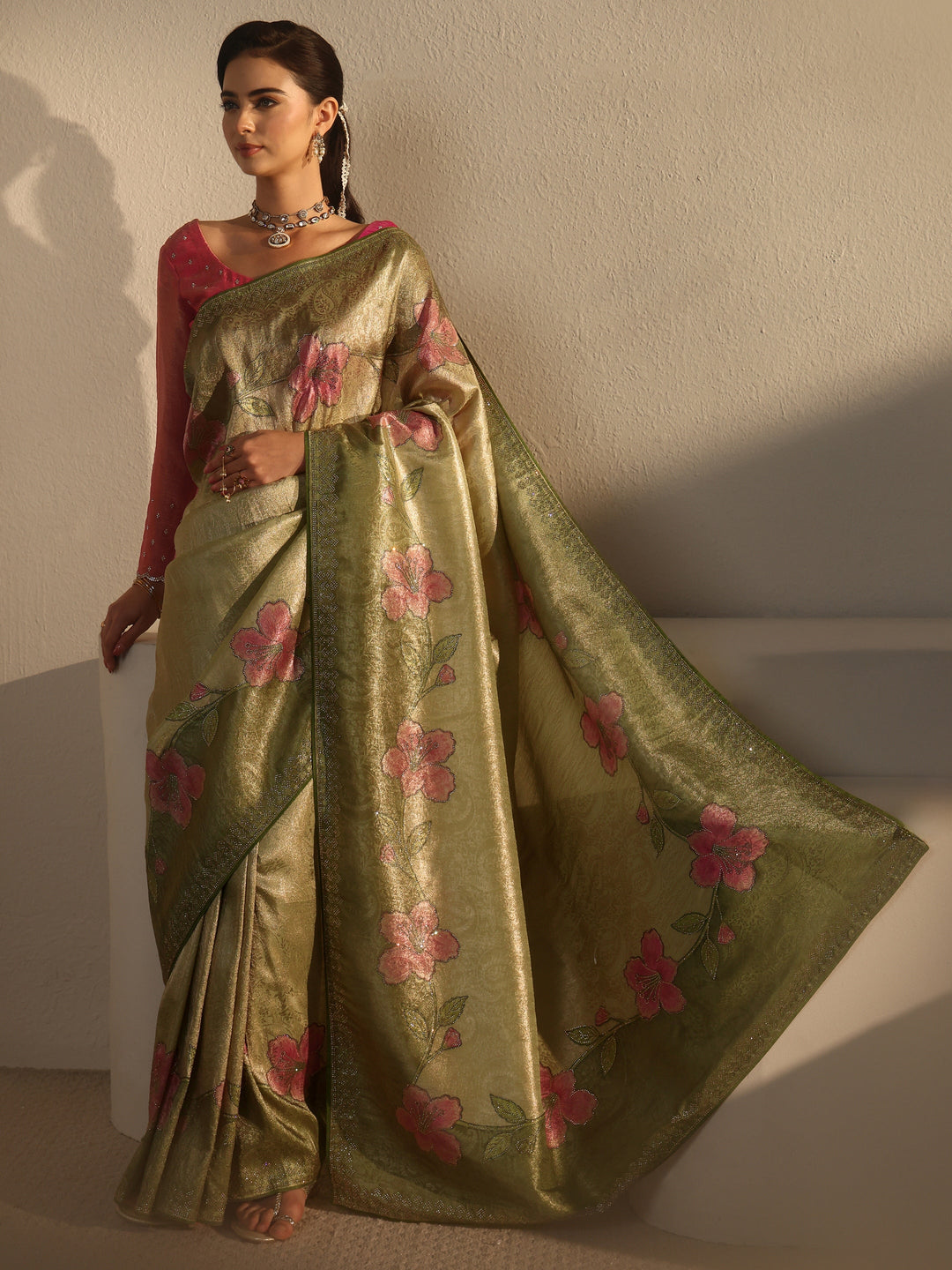 Libas Green Floral Stone Work Embellished Silk Blend Saree