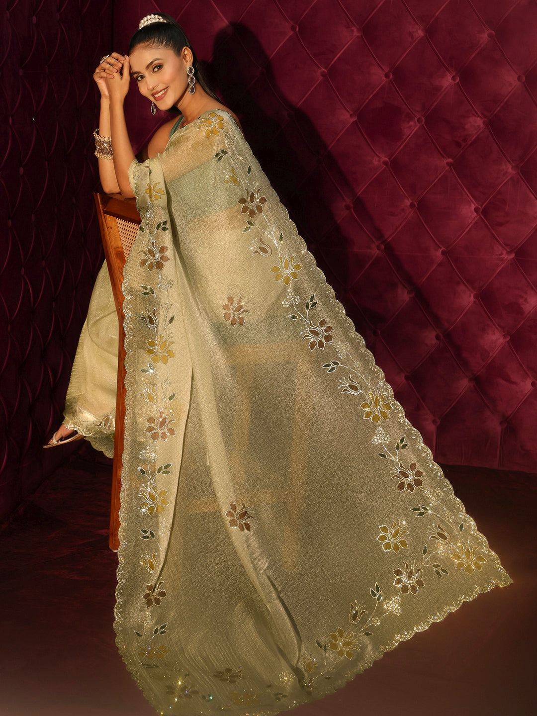 Libas Green Floral Stone Work Embellished Tissue Saree