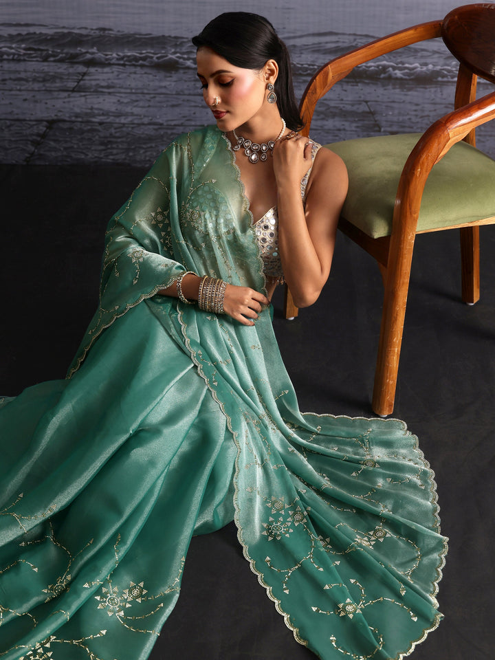 Libas Green Floral Stone Work Embellished Tissue Saree
