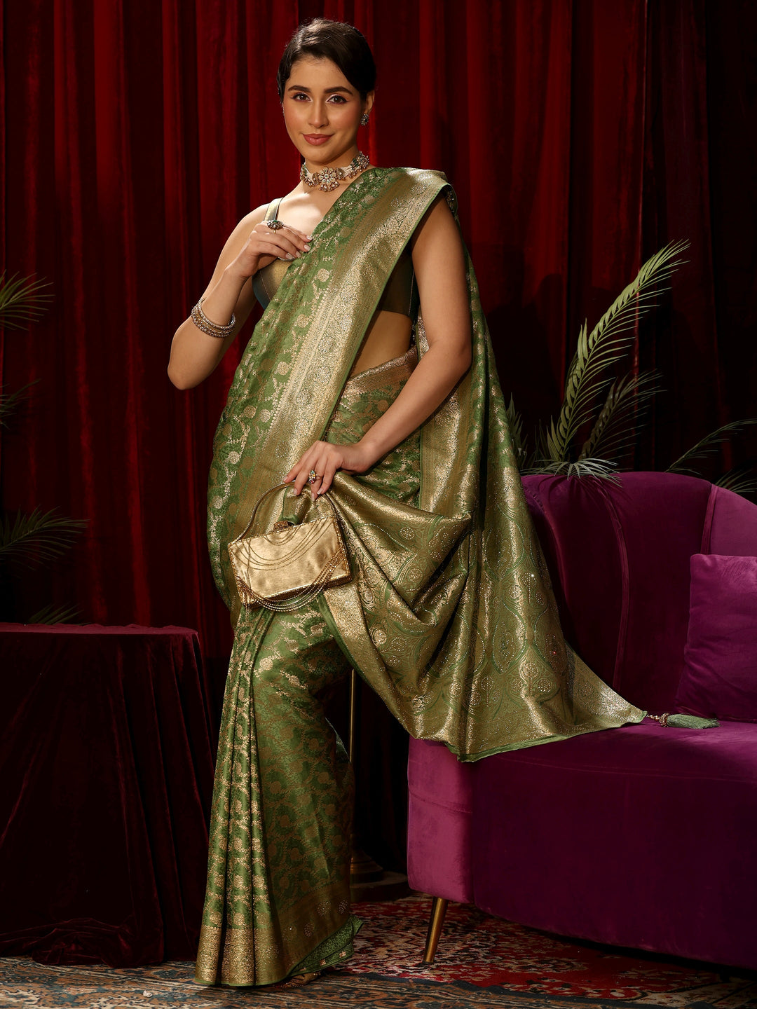Libas Green Floral Woven Design Embellished Satin Saree