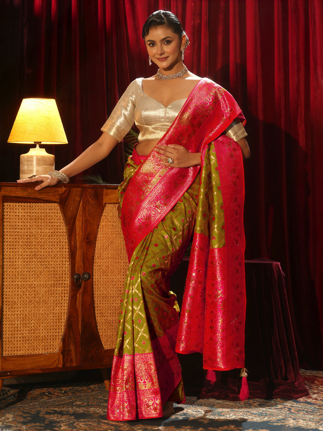 Libas Green Floral Woven Design Embellished Silk Blend Saree