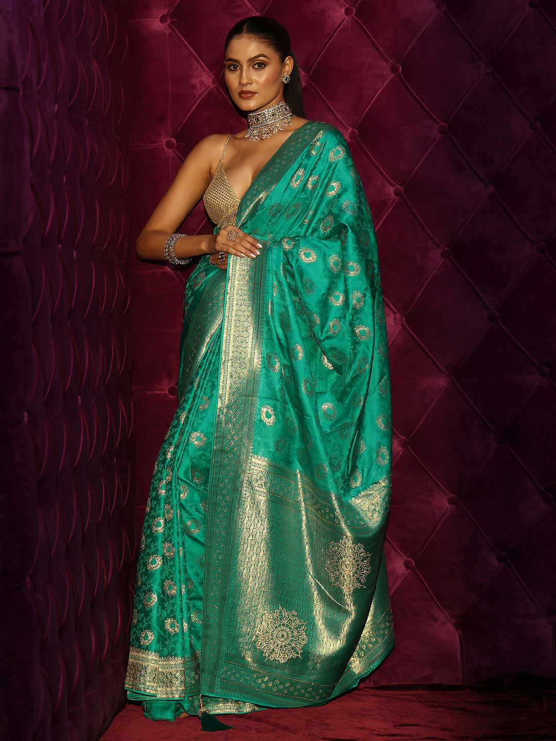 Libas Green Floral Woven Design Satin Saree