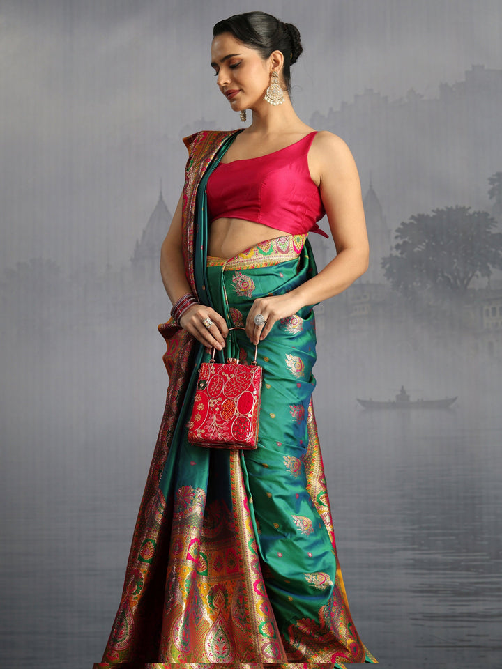 Libas Green Floral Woven Design Satin Saree