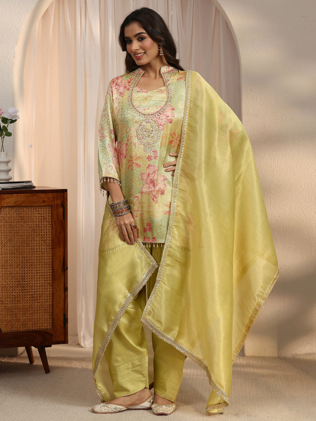 Libas Green Floral Woven Design Silk Blend Farshi Salwar Suit
