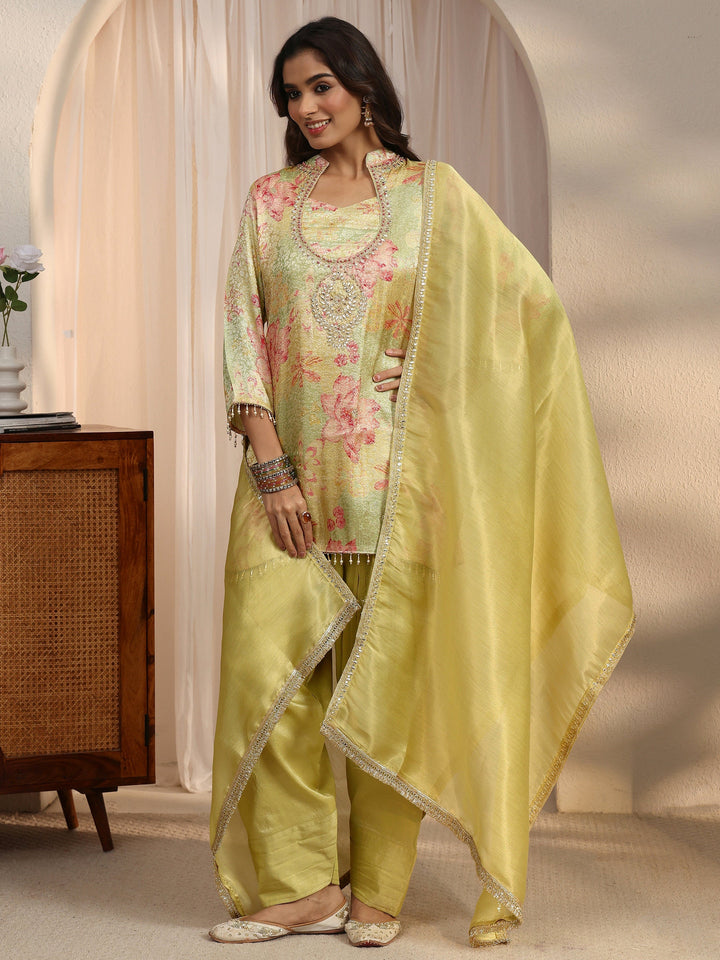 Libas Green Floral Woven Design Silk Blend Farshi Salwar Suit