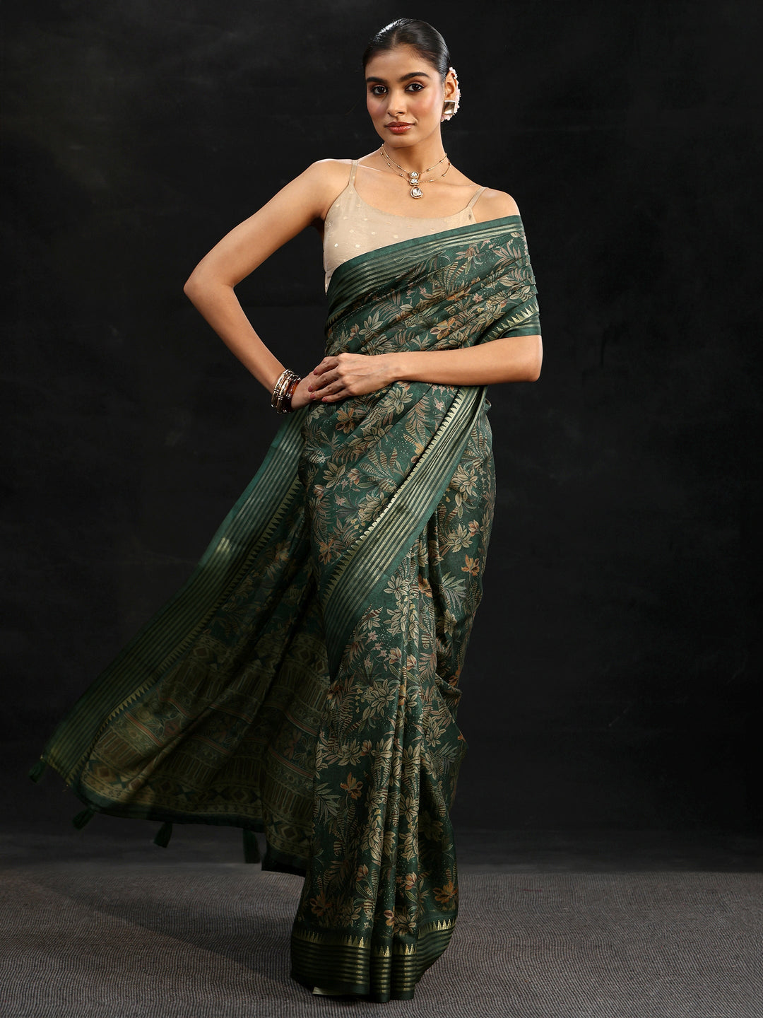 Libas Green Floral Woven Design Silk Blend Saree
