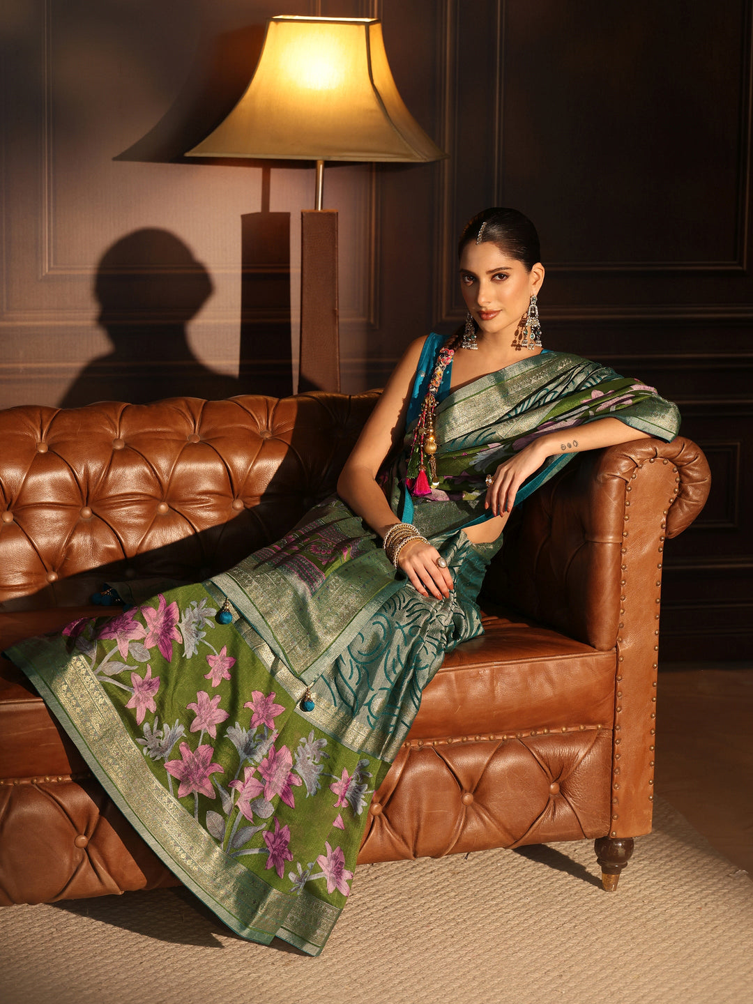 Libas Green Floral Woven Design Silk Blend Saree