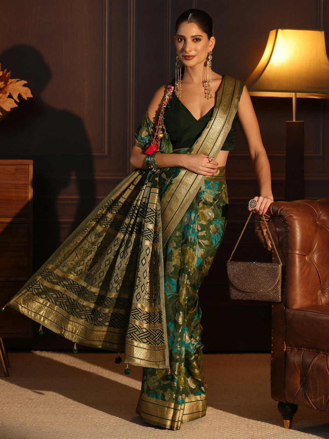Libas Green Floral Woven Design Silk Blend Saree