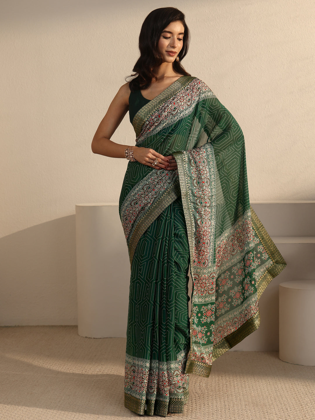 Libas Green Geometric Printed Embroidered Border Georgette Saree