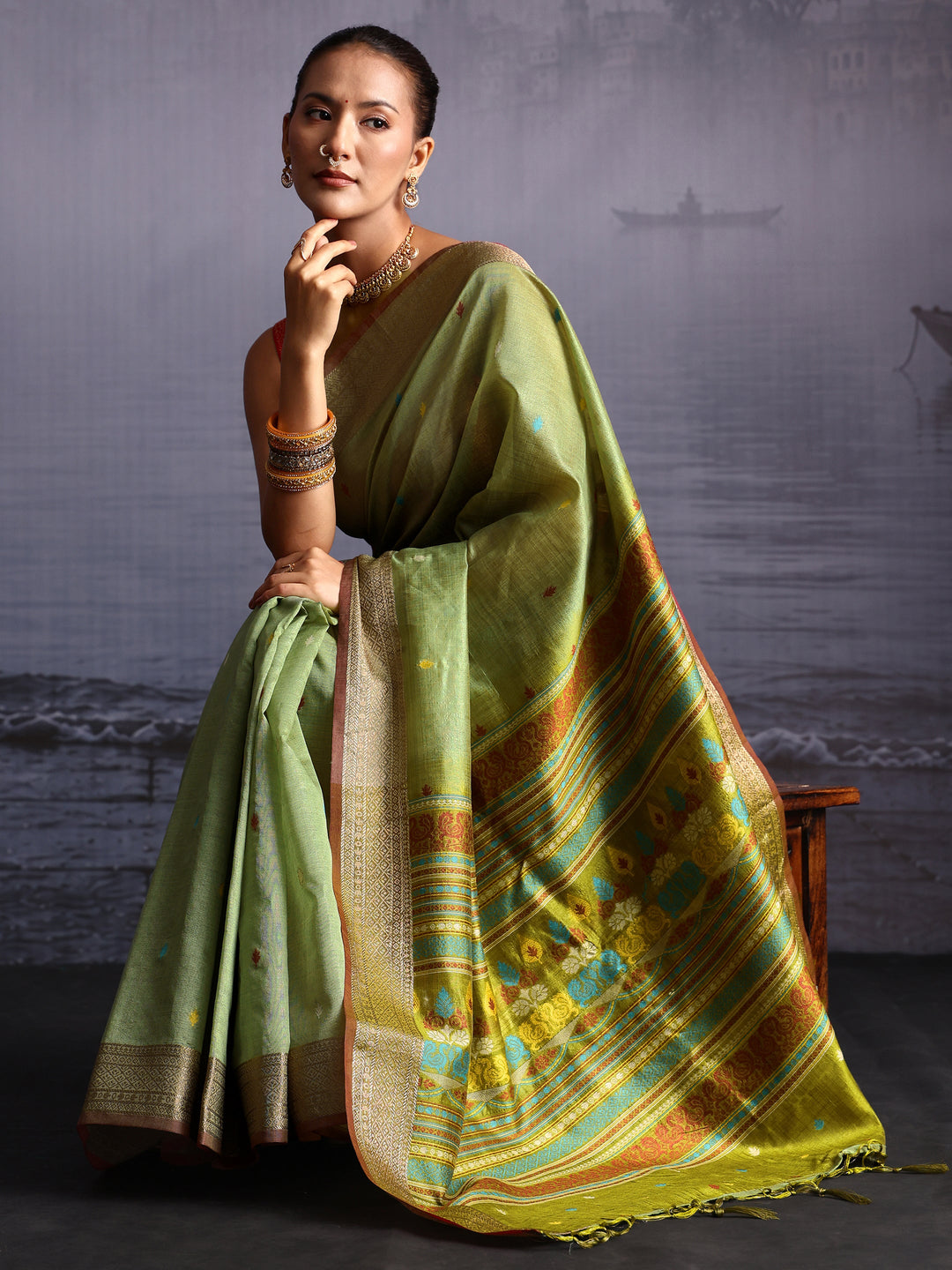 Libas Green Jacquard Woven Design Silk Blend Saree