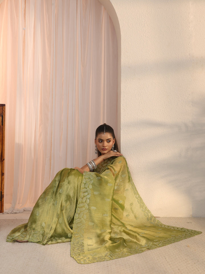 Libas Green Leafy Embroidered Tissue Saree with Stone Work
