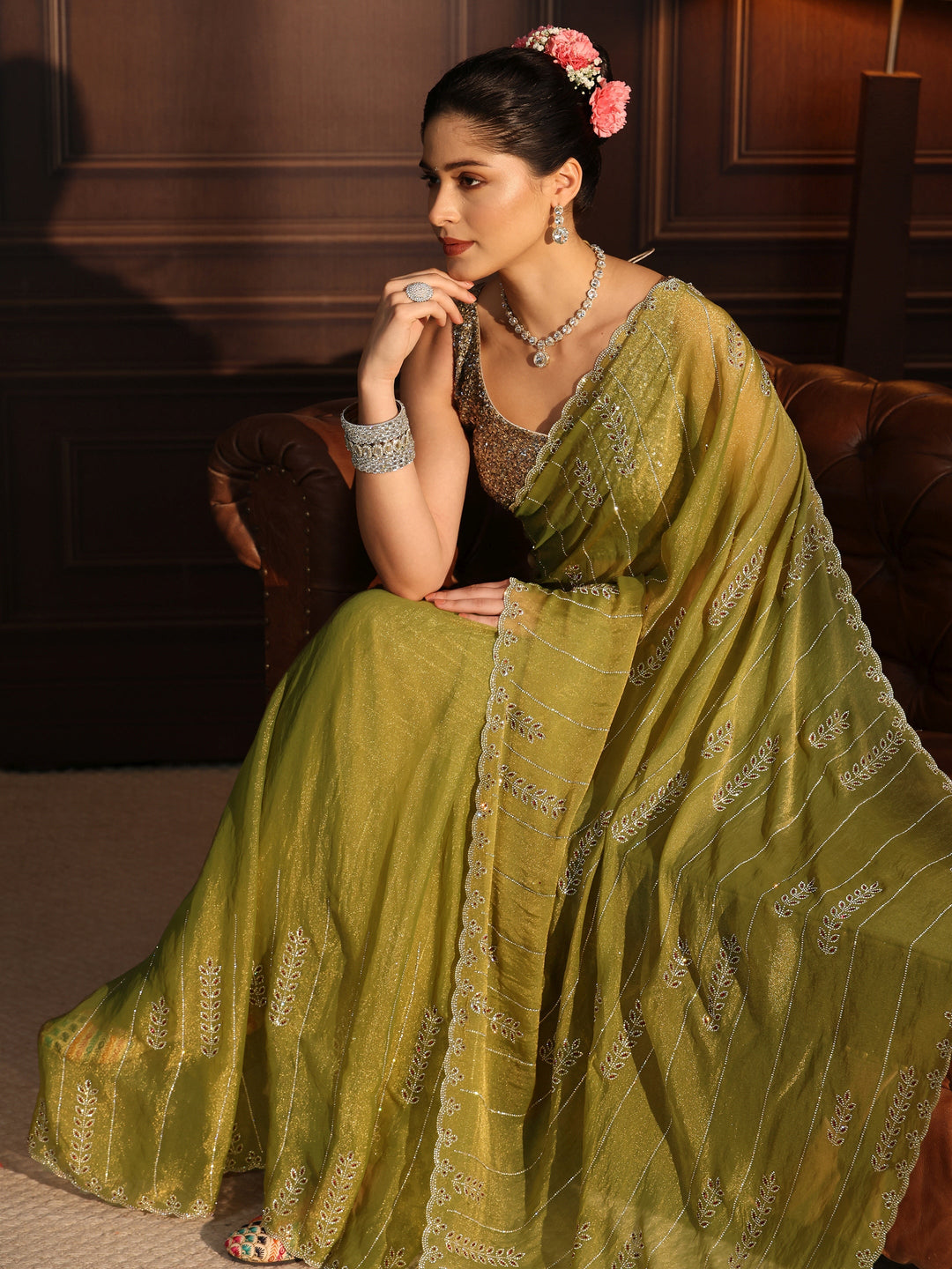 Libas Green Leafy Stone Work Embellished Tissue Saree