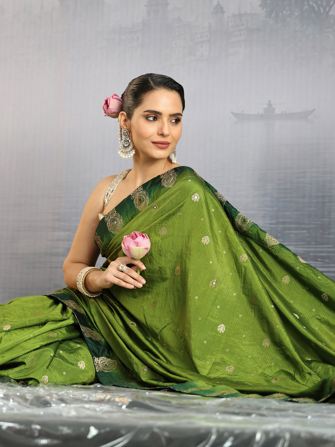 Libas Green Mirror Work Embellished Silk Blend Saree