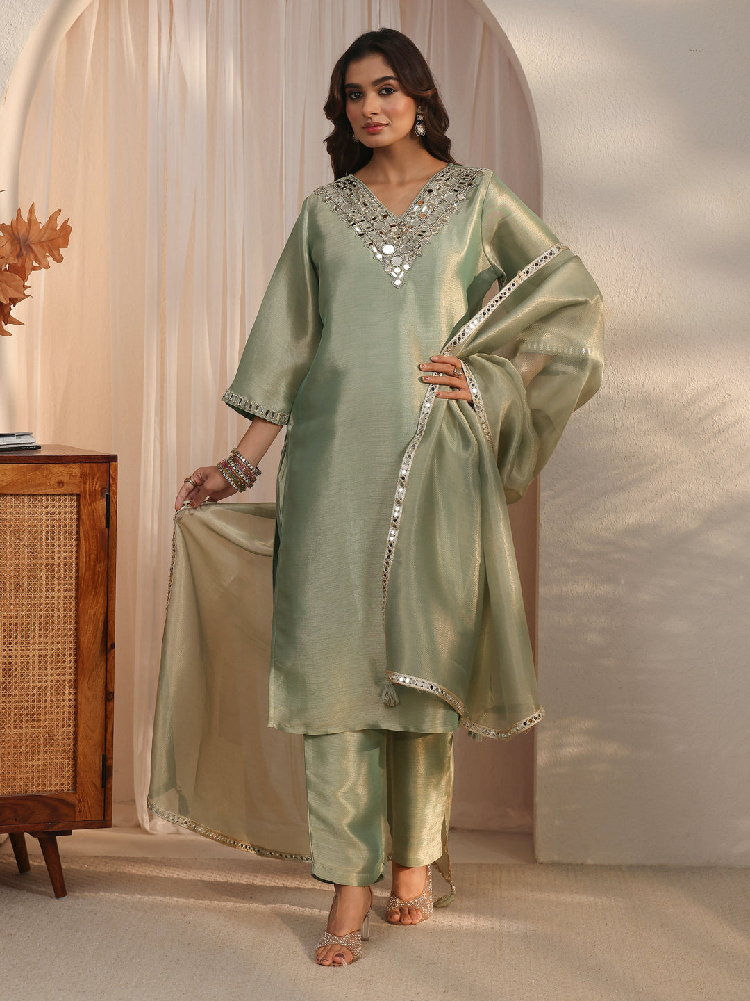 Libas Green Mirror Work Embellished Tissue Straight Suit Set