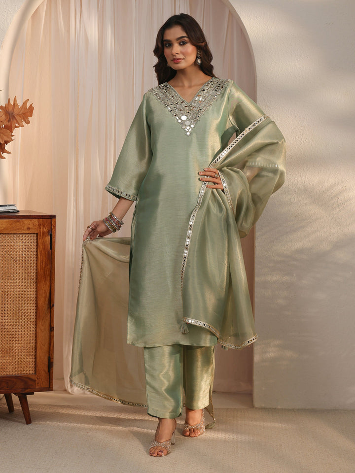 Libas Green Mirror Work Embellished Tissue Straight Suit Set