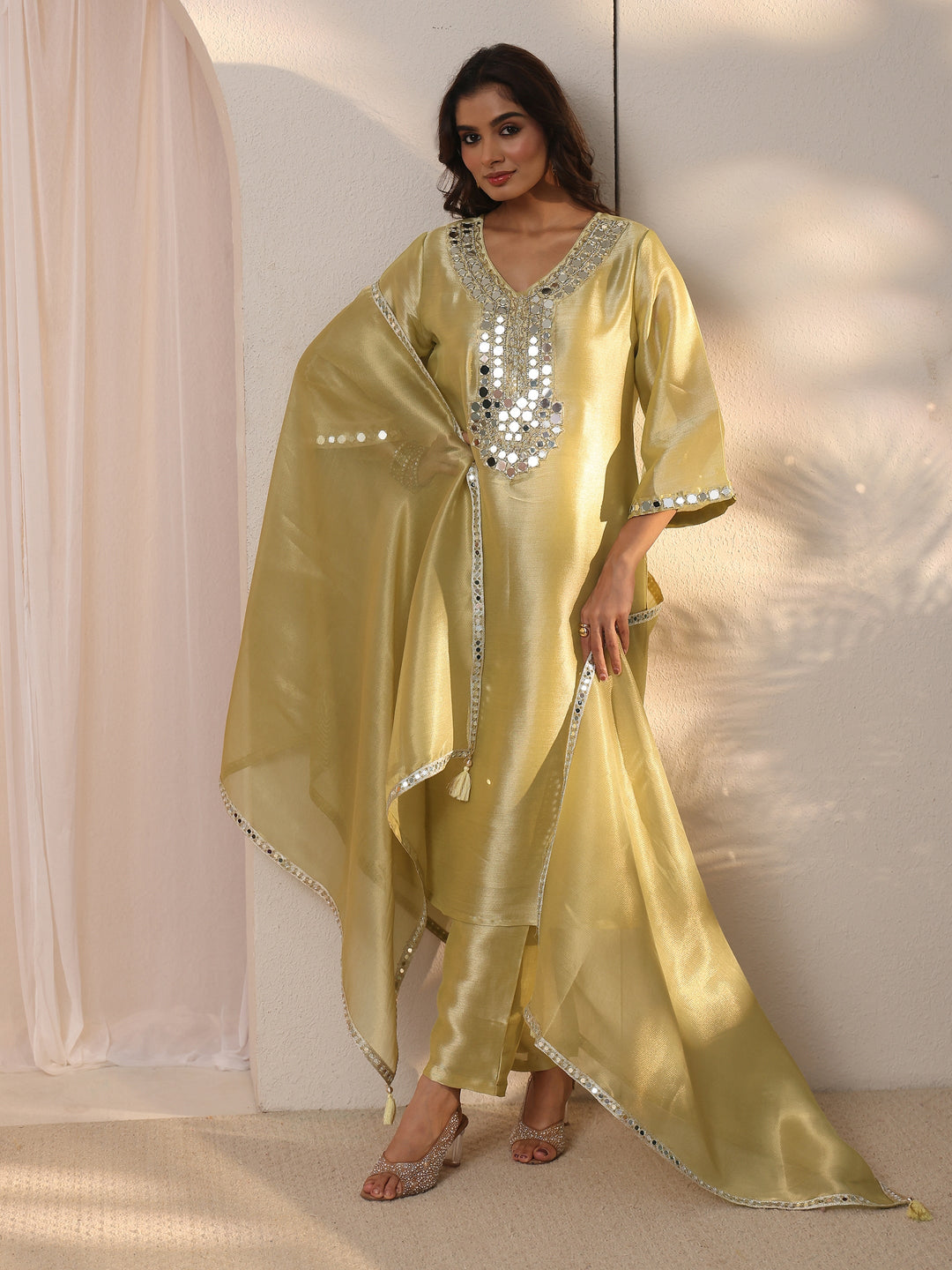 Libas Green Mirror Work Embellished Tissue Straight Suit Set