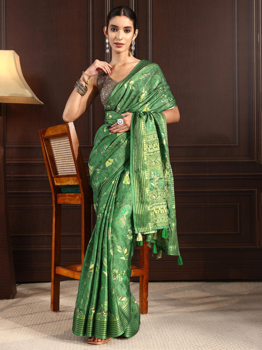 Libas Green Mughal Print Silk Blend Tassel Saree
