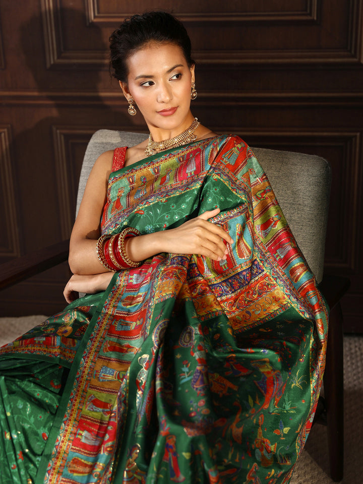 Libas Green Mughal Printed Silk Blend Saree