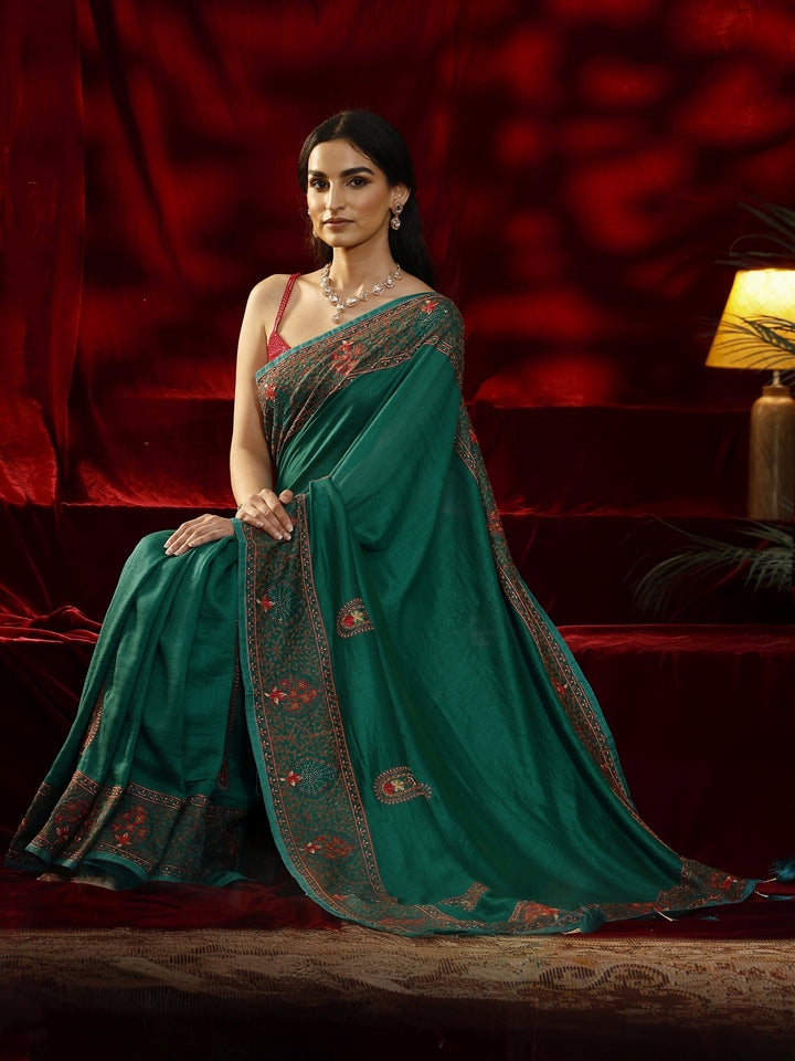 Libas Green Paisley Embroidered Silk Blend Saree