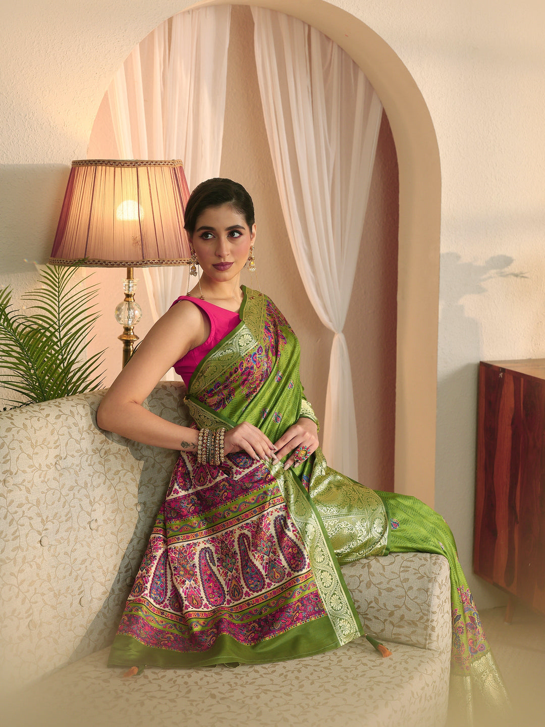 Libas Green Paisley Printed Silk Blend Saree with Woven Border