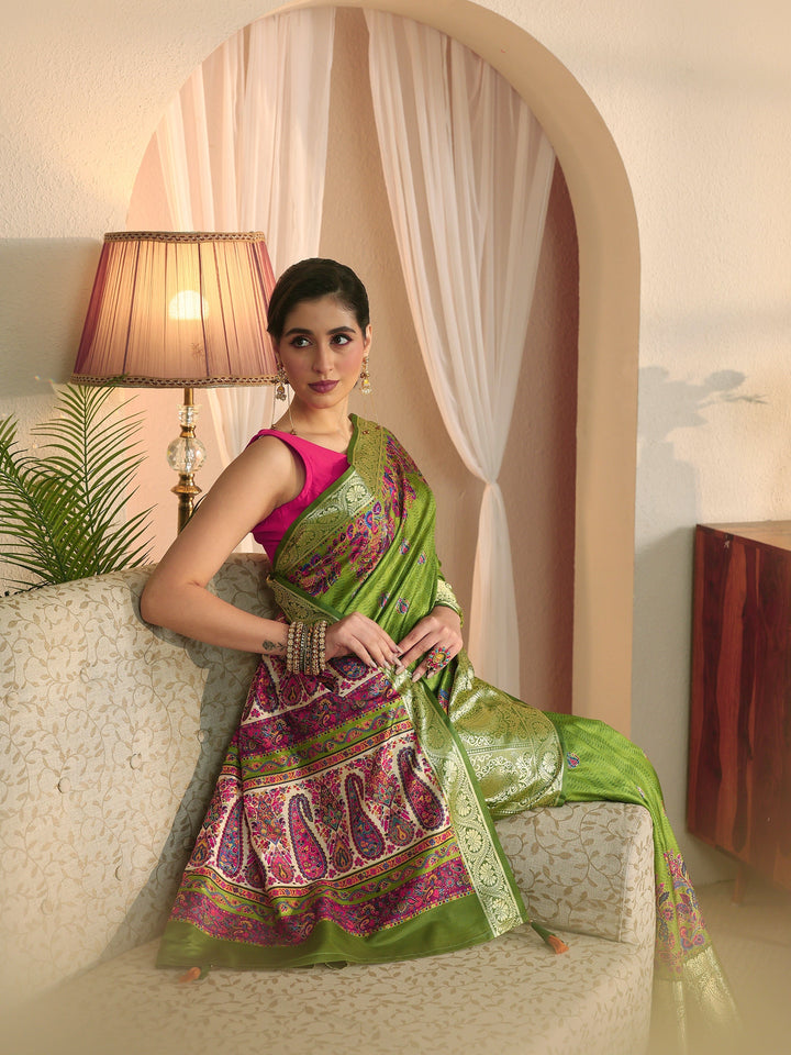 Libas Green Paisley Printed Silk Blend Saree with Woven Border