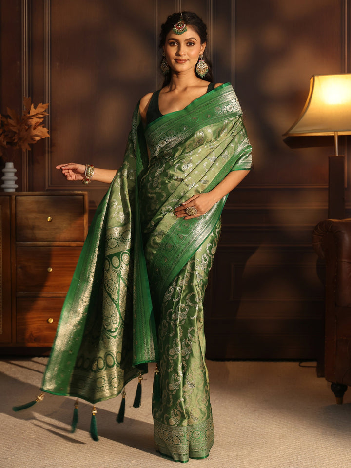 Libas Green Paisley Woven Design Satin Tassel Saree