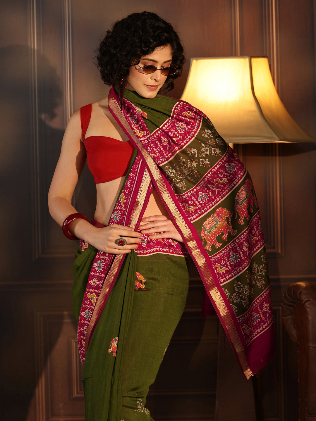 Libas Green Patola Border Printed Silk Blend Saree