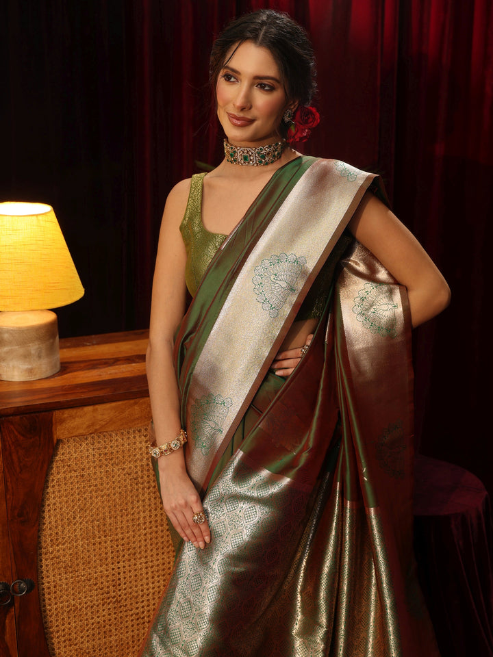 Libas Green Peacock Woven Design Silk Blend Saree