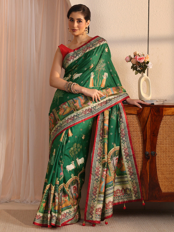 Libas Green Pichwai Printed Silk Blend Saree