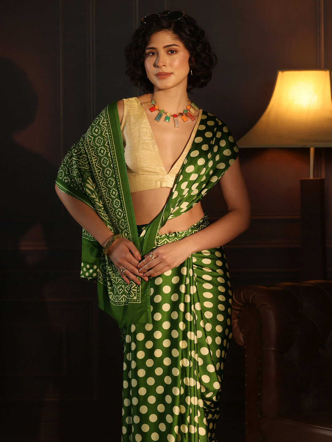 Libas Green Polka Dot Printed Silk Blend Saree